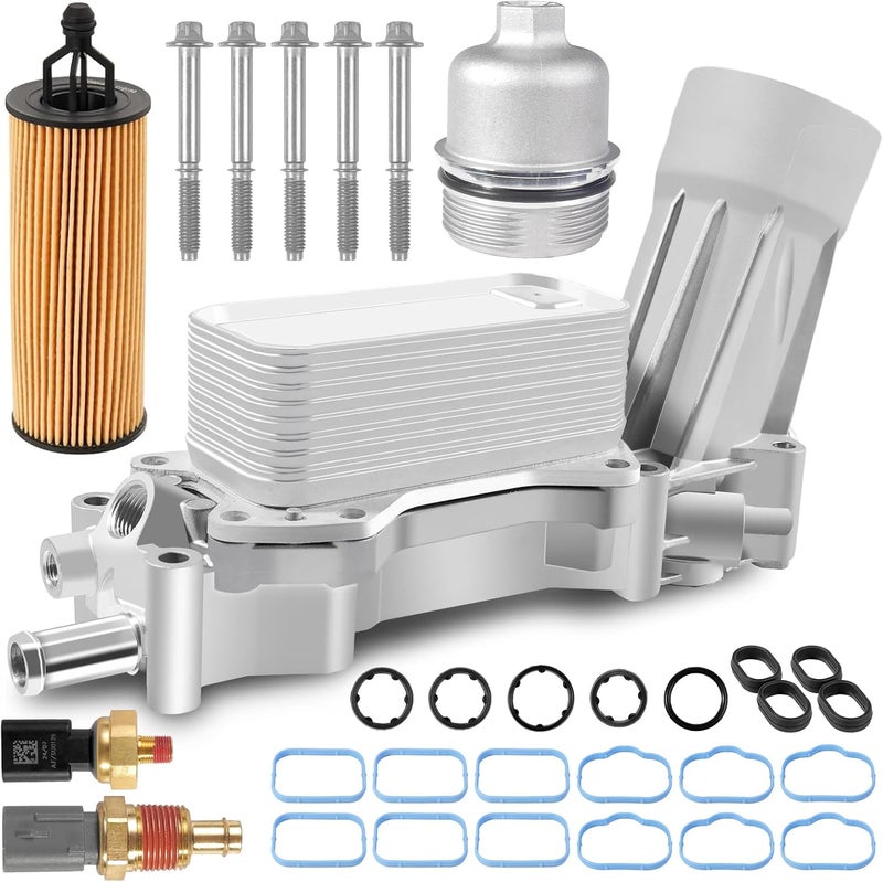 SOASEMBE 926-959 Upgraded Aluminum Engine Oil Cooler Filter Housing with Sensors and Gaskets Fit for 2011-2016 Chrysler 200 300 Dodge Ram Avenger Challenger Jeep Wrangler 3.6L V6 68105583AF w/Aluminum Cap - Image 1